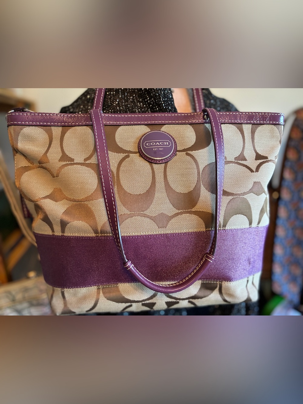 Coach Signature Canvas Tote in Purple and Tan